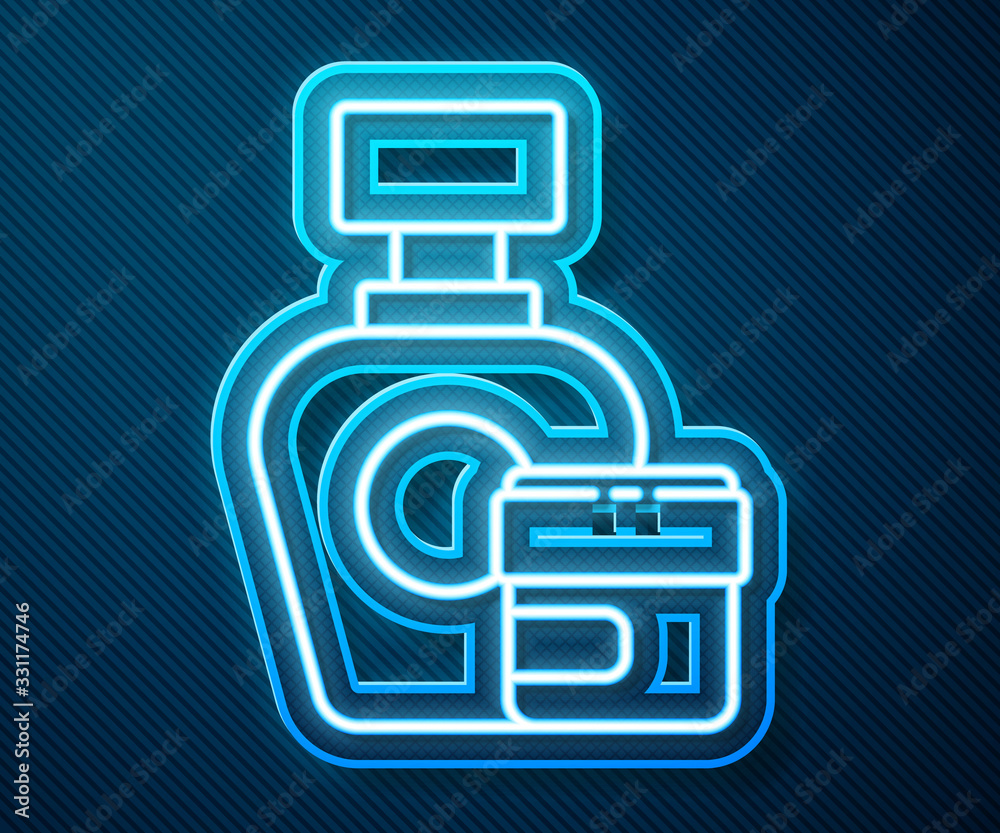 Glowing neon line Cream or lotion cosmetic tube icon isolated on blue background. Body care products