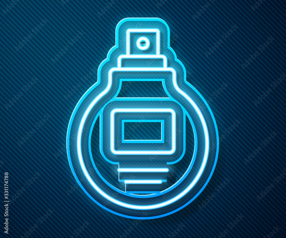 Glowing neon line Perfume icon isolated on blue background. Vector Illustration