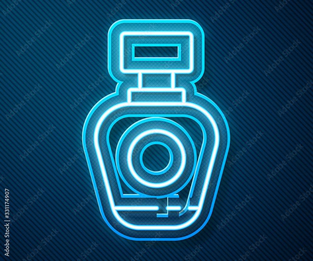 Glowing neon line Perfume icon isolated on blue background. Vector Illustration