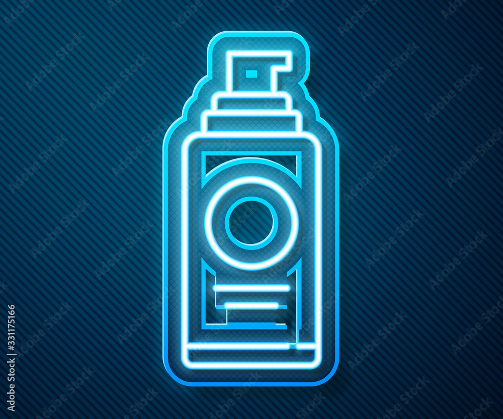 Glowing neon line Spray can for hairspray, deodorant, antiperspirant icon isolated on blue backgroun