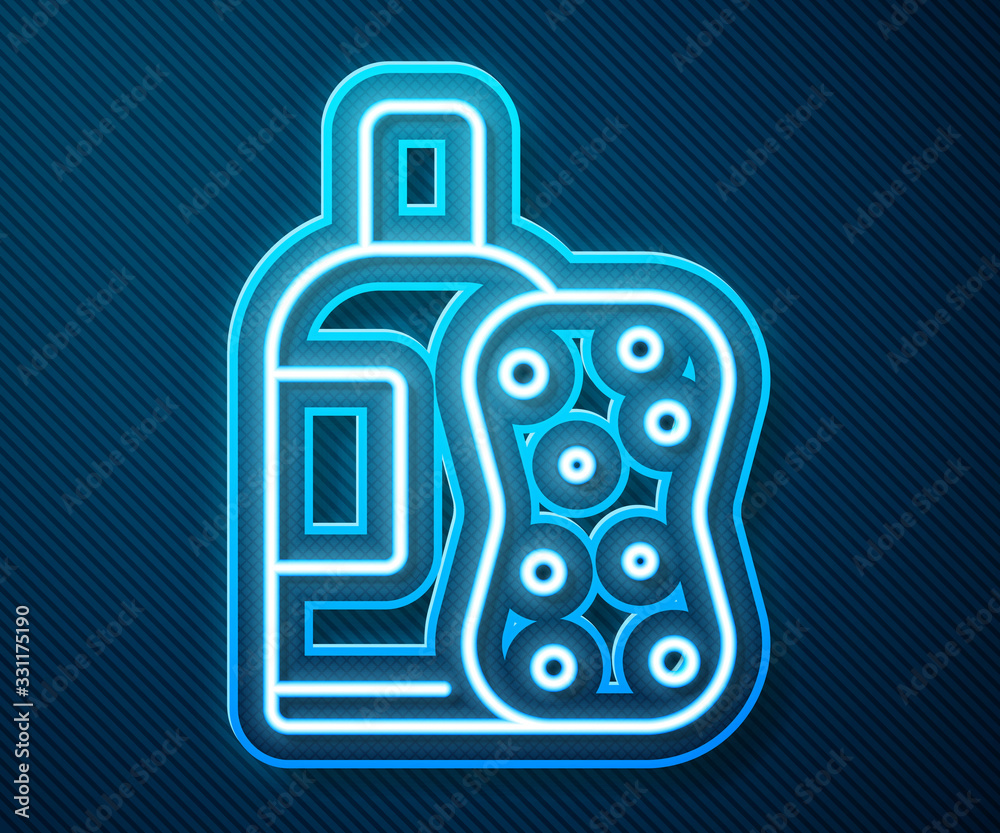 Glowing neon line Bottle of shampoo and sponge icon isolated on blue background. Vector Illustration