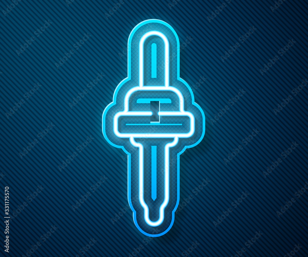 Glowing neon line Pipette icon isolated on blue background. Element of medical, cosmetic, chemistry 