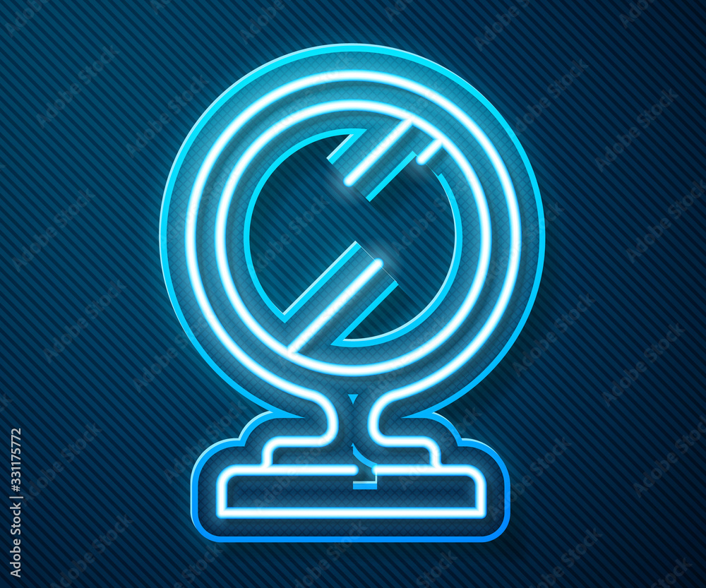 Glowing neon line Round makeup mirror icon isolated on blue background. Vector Illustration