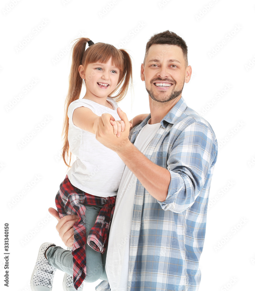 Father and his little daughter dancing against white background