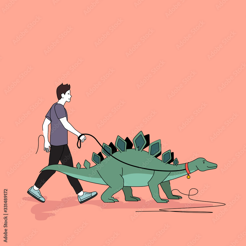 A man taking his pet Stegosaurus dinosaur outside in the park for a walk. People concept vector illu