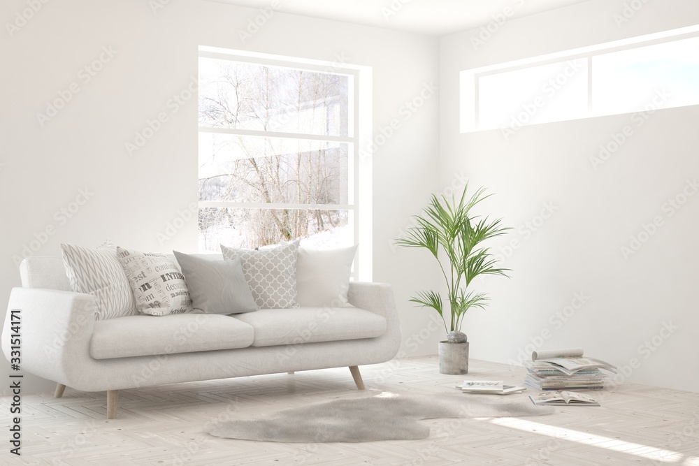 White living room with sofa and winter landscape in window. Scandinavian interior design. 3D illustr