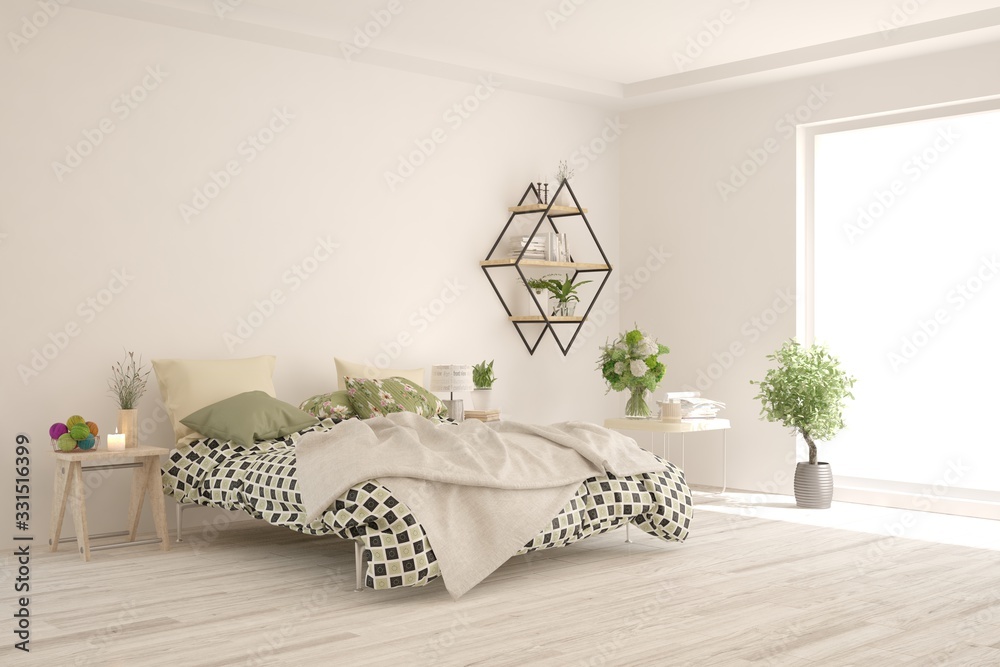 White bedroom interior. Scandinavian design. 3D illustration