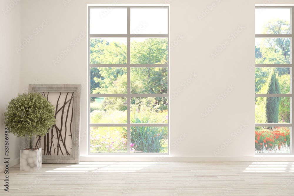 Stylish empty room in white color with summer landscape in window. Scandinavian interior design. 3D 