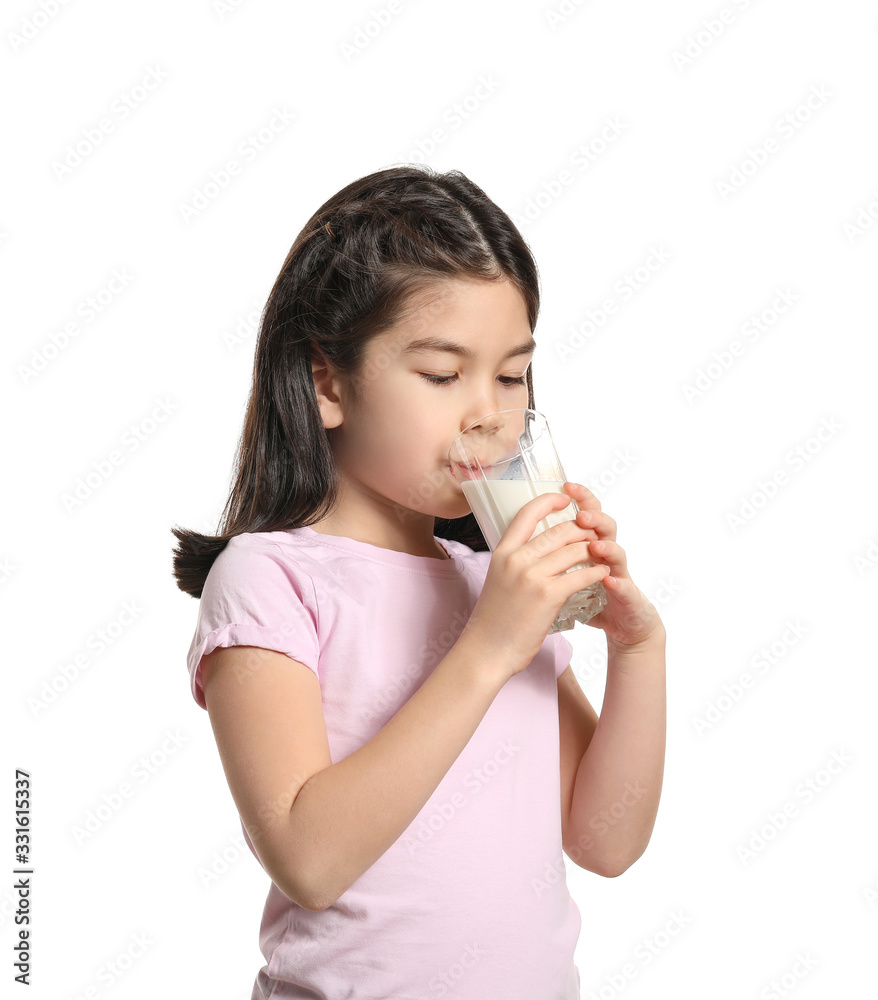 Cute Asian girl with milk on white background