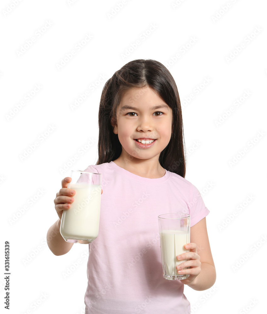 Cute Asian girl with milk on white background