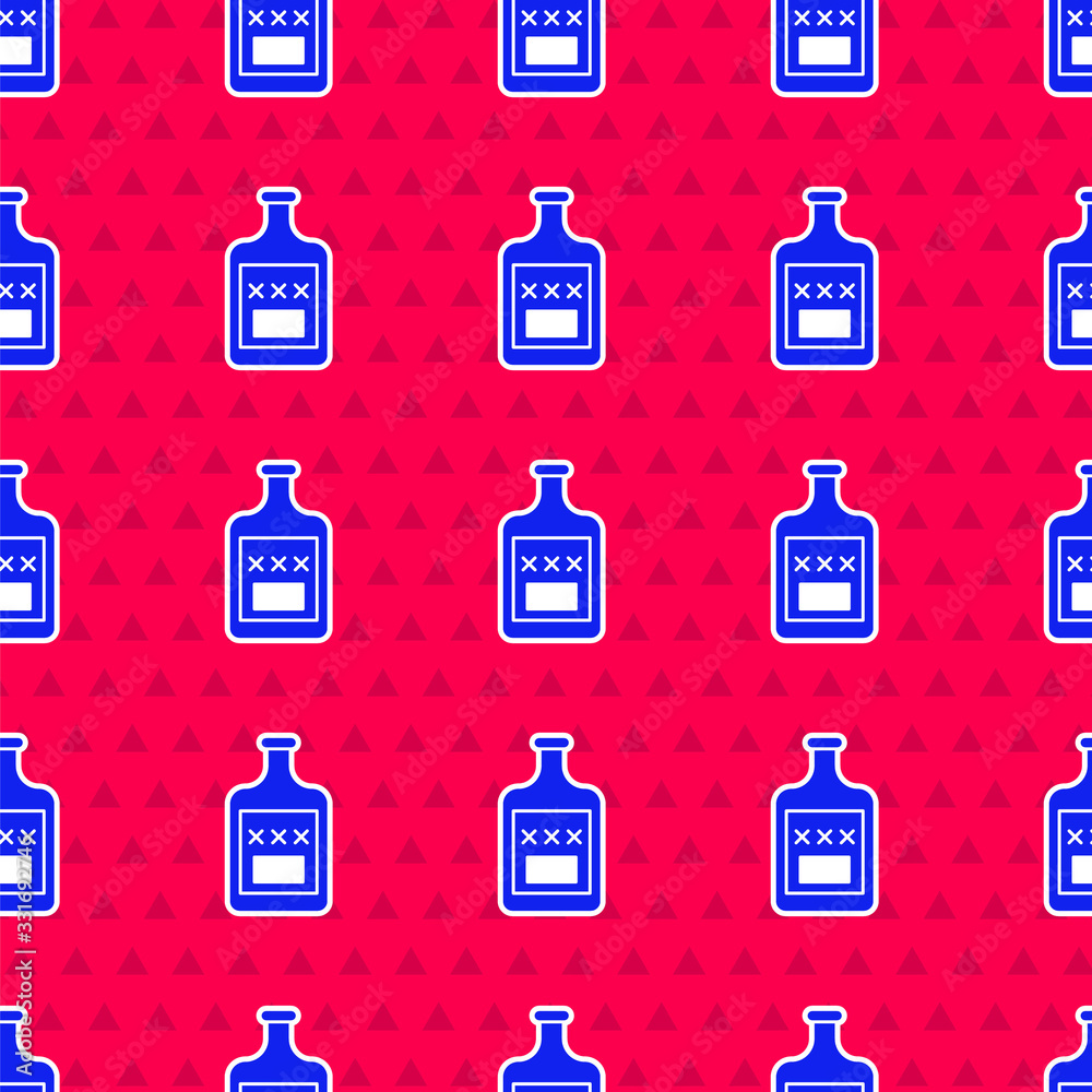 Blue Whiskey bottle icon isolated seamless pattern on red background. Vector Illustration