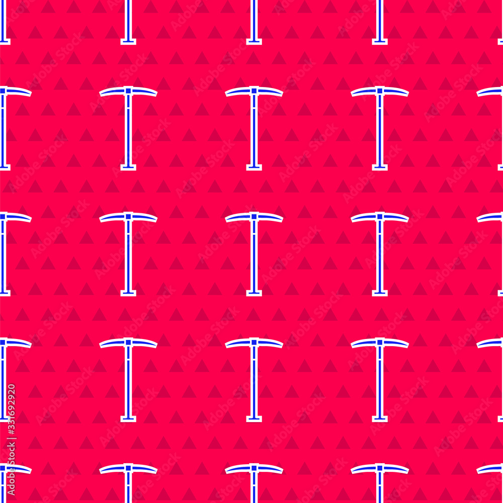 Blue Pickaxe icon isolated seamless pattern on red background. Vector Illustration