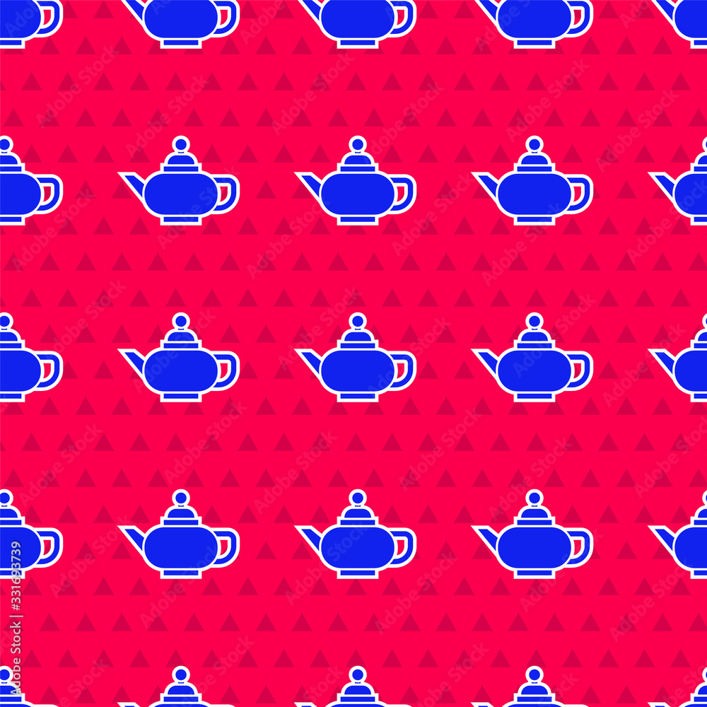 Blue Traditional Chinese tea ceremony icon isolated seamless pattern on red background. Teapot with 