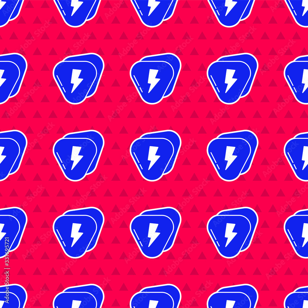 Blue Guitar pick icon isolated seamless pattern on red background. Musical instrument. Vector Illust