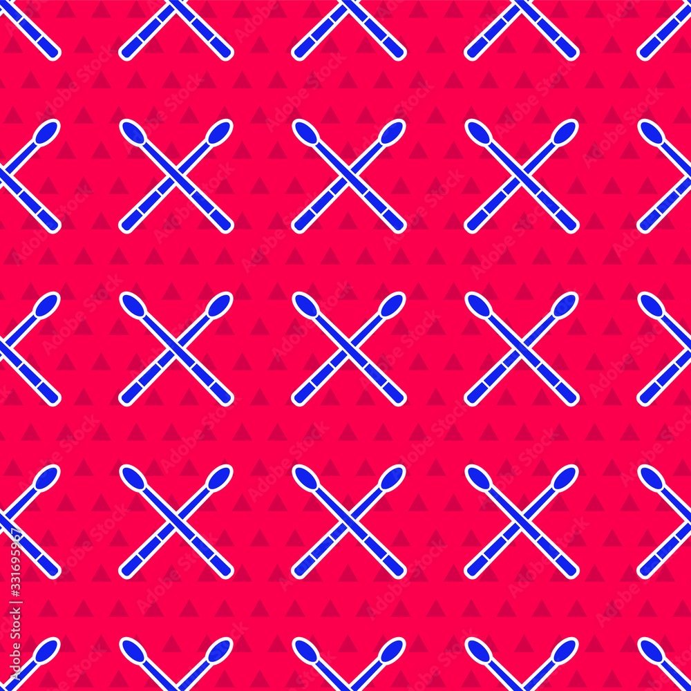 Blue Drum sticks icon isolated seamless pattern on red background. Musical instrument. Vector Illust