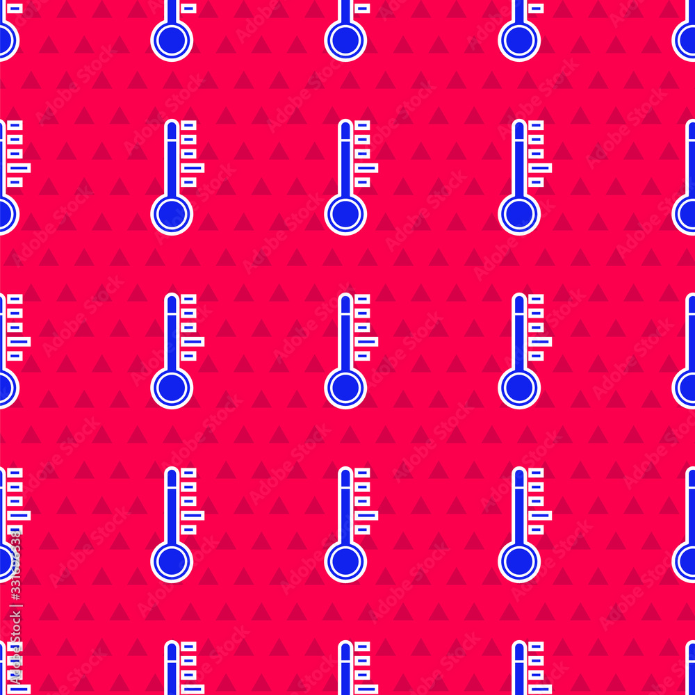 Blue Meteorology thermometer measuring icon isolated seamless pattern on red background. Thermometer