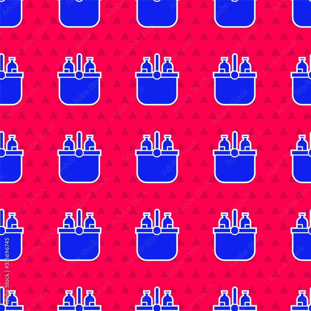 Blue Cooler bag and water icon isolated seamless pattern on red background. Portable freezer bag. Ha