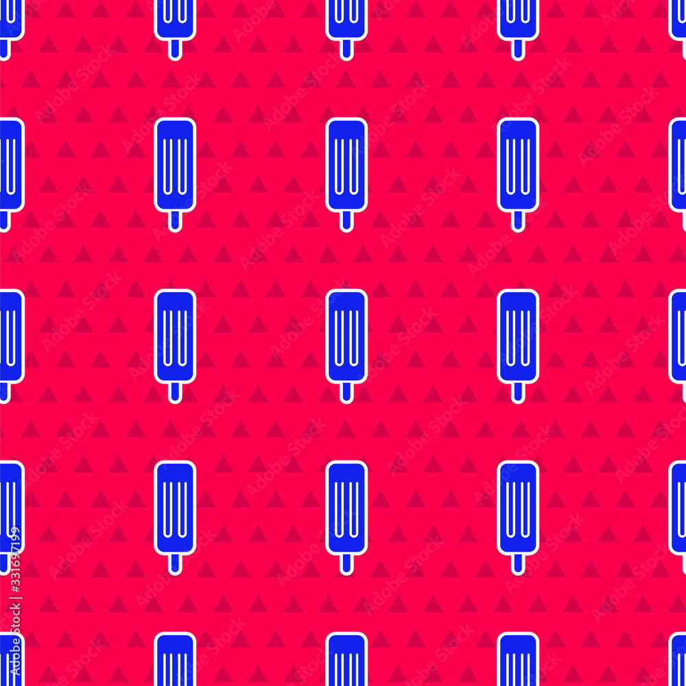 Blue Ice cream icon isolated seamless pattern on red background. Sweet symbol. Vector Illustration