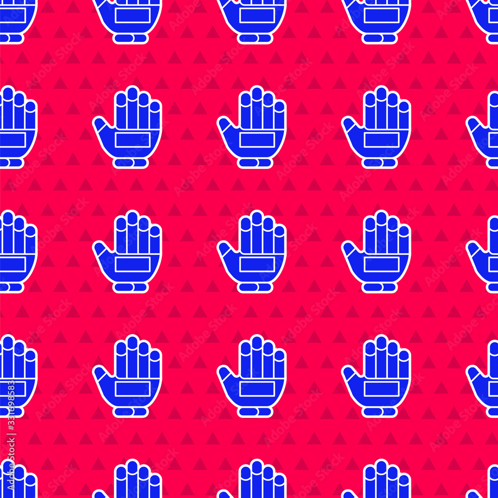 Blue Hockey glove icon isolated seamless pattern on red background. Sports playing and training prot