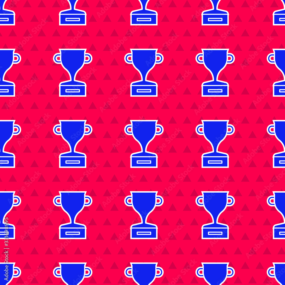 Blue Award cup icon isolated seamless pattern on red background. Winner trophy symbol. Championship 