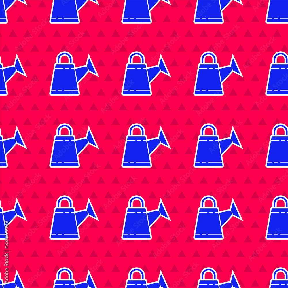 Blue Watering can icon isolated seamless pattern on red background. Irrigation symbol. Vector Illust