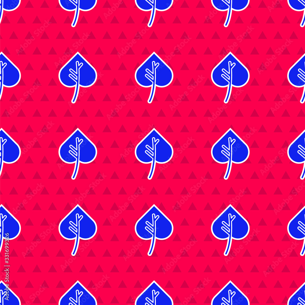 Blue Leaf icon isolated seamless pattern on red background. Leaves sign. Fresh natural product symbo