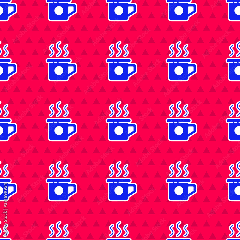 Blue Cup of tea icon isolated seamless pattern on red background. Sweet natural food. Vector Illustr