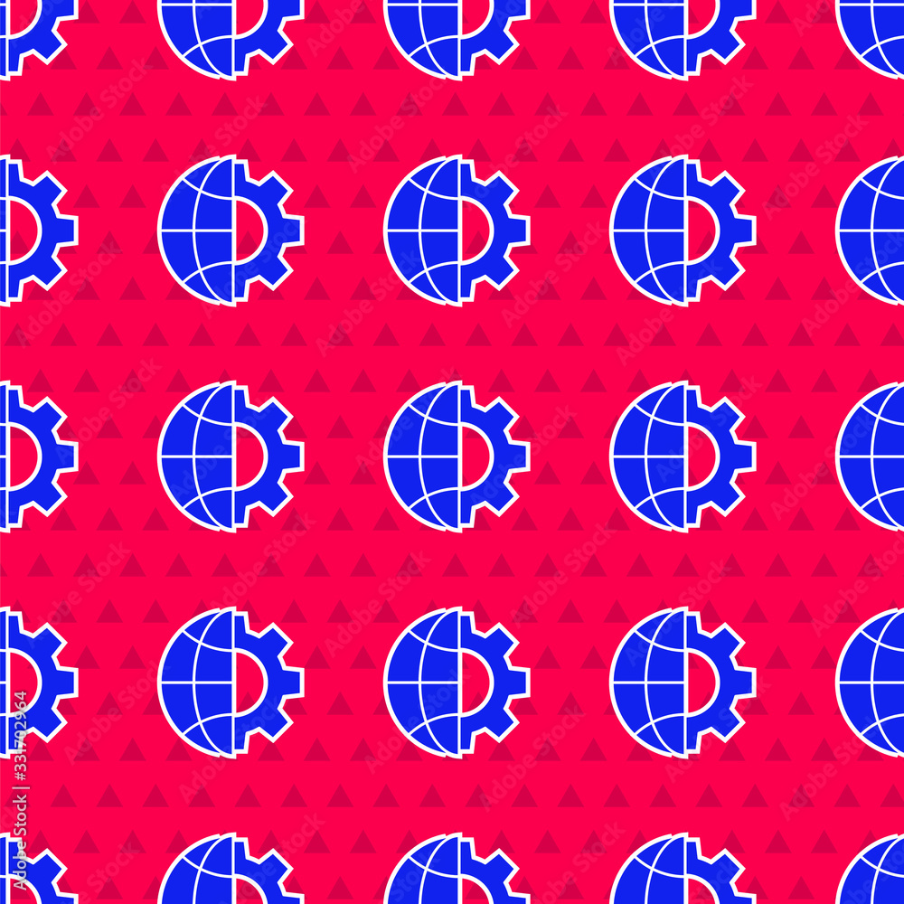 Blue Globe of the Earth and gear or cog icon isolated seamless pattern on red background. Setting pa