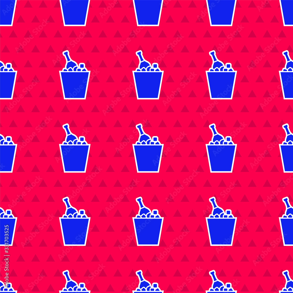 Blue Bottle of champagne in an ice bucket icon isolated seamless pattern on red background. Vector I