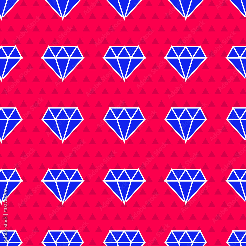 Blue Diamond icon isolated seamless pattern on red background. Jewelry symbol. Gem stone. Vector Ill