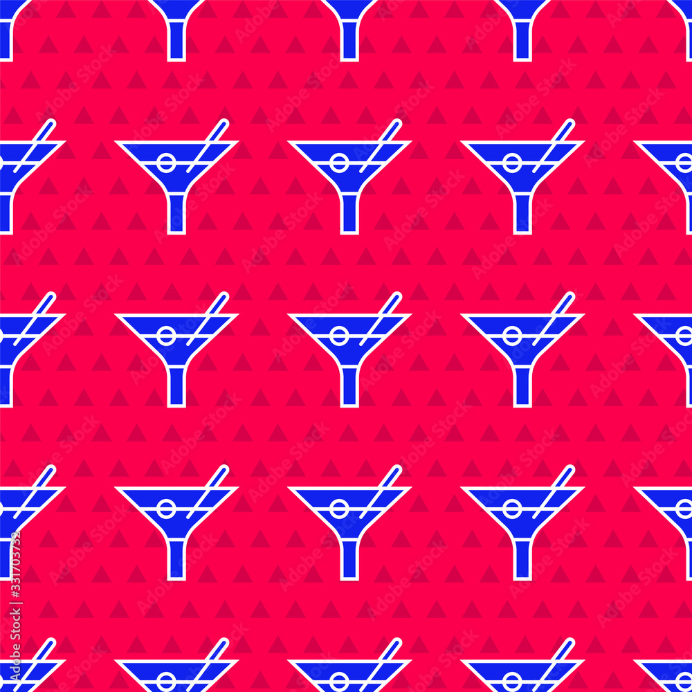 Blue Martini glass icon isolated seamless pattern on red background. Cocktail icon. Wine glass icon.