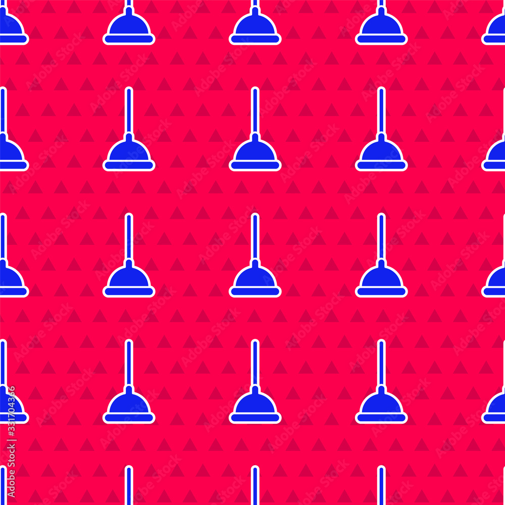 Blue Rubber plunger with wooden handle for pipe cleaning icon isolated seamless pattern on red backg