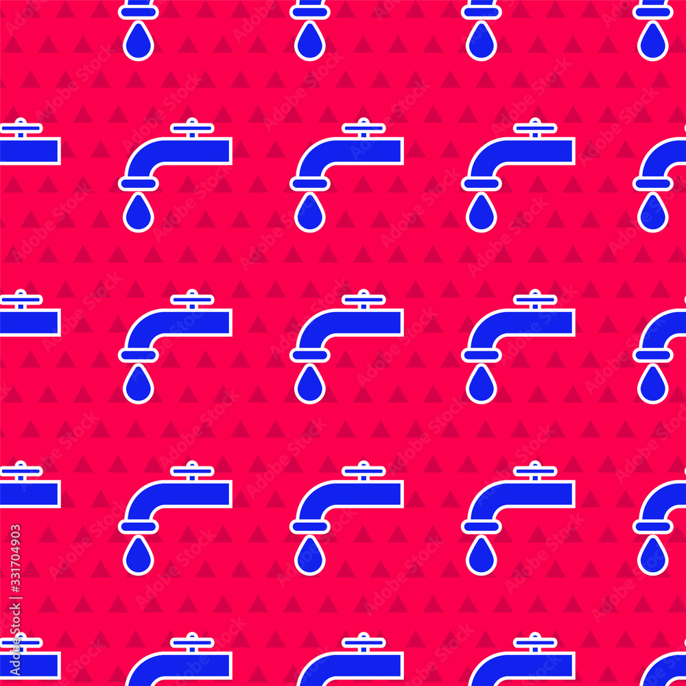 Blue Water tap with a falling water drop icon isolated seamless pattern on red background. Vector Il