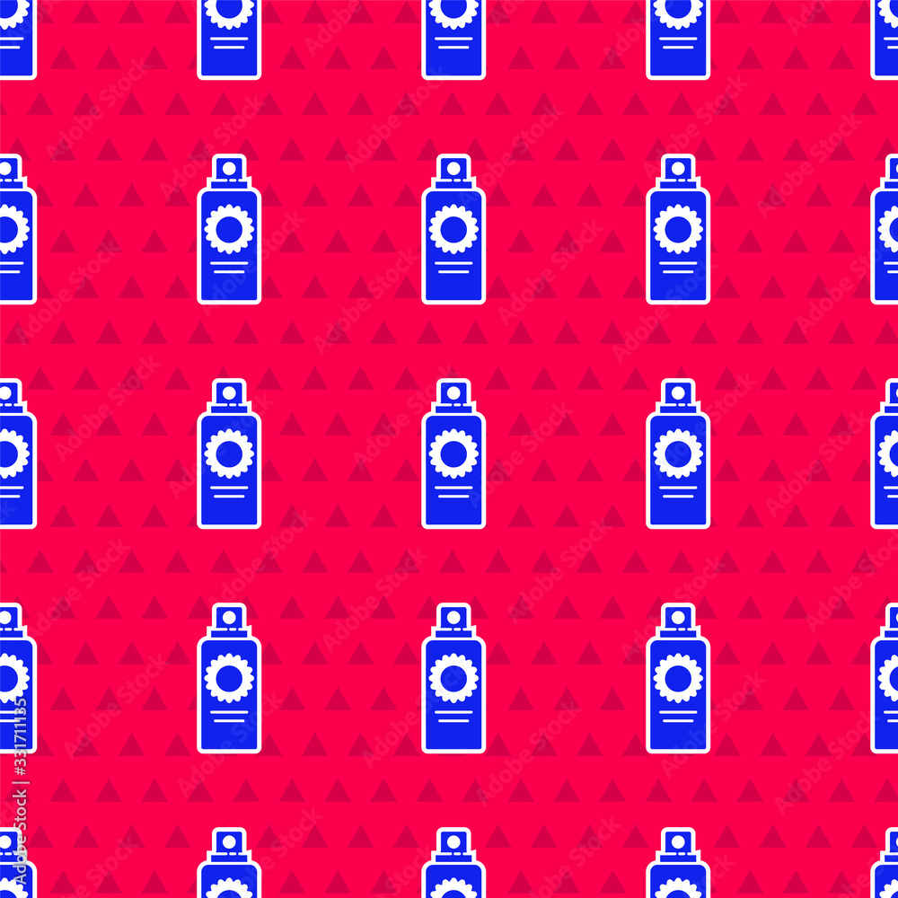 Blue Sunscreen spray bottle icon isolated seamless pattern on red background. Protection for the ski