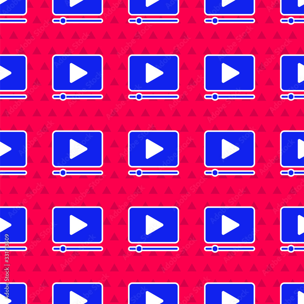 Blue Online play video icon isolated seamless pattern on red background. Film strip with play sign. 