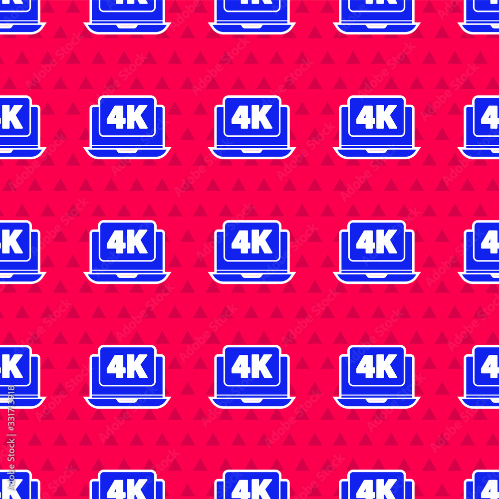 Blue Laptop screen with 4k video technology icon isolated seamless pattern on red background. Vector