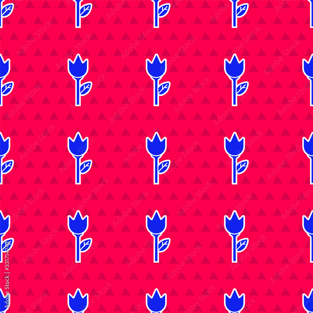 Blue Flower tulip icon isolated seamless pattern on red background. Vector Illustration