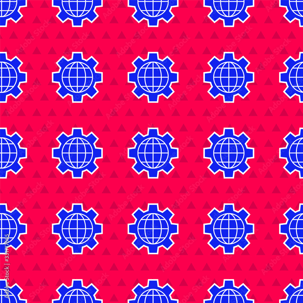 Blue Globe of the Earth and gear or cog icon isolated seamless pattern on red background. Setting pa