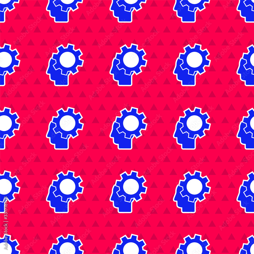 Blue Human head with gear inside icon isolated seamless pattern on red background. Artificial intell