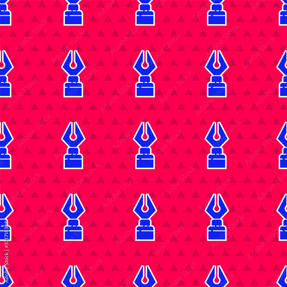 Blue Fountain pen nib icon isolated seamless pattern on red background. Pen tool sign. Vector Illust