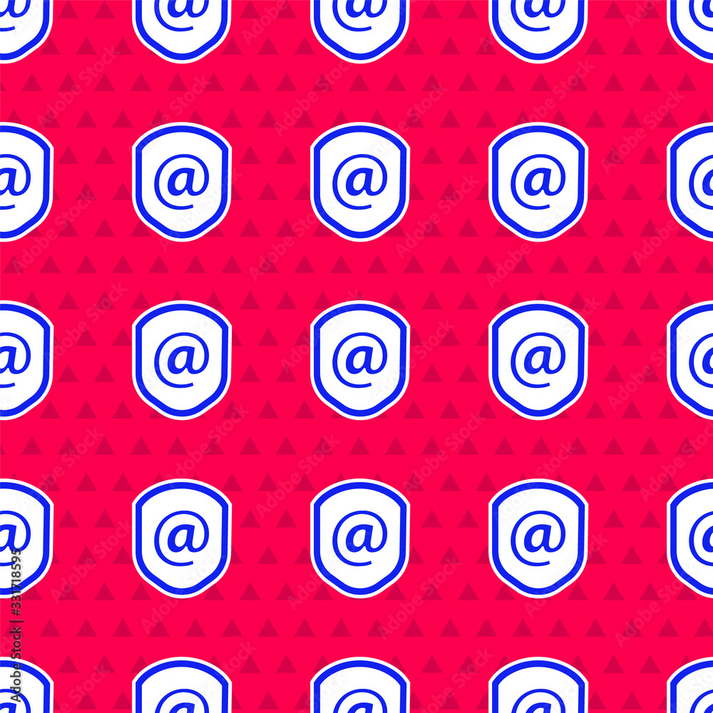 Blue Shield with mail and e-mail icon isolated seamless pattern on red background. Guard sign. Secur