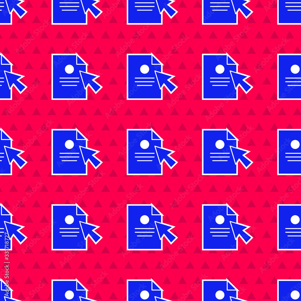 Blue Document and cursor icon isolated seamless pattern on red background. File icon. Checklist icon