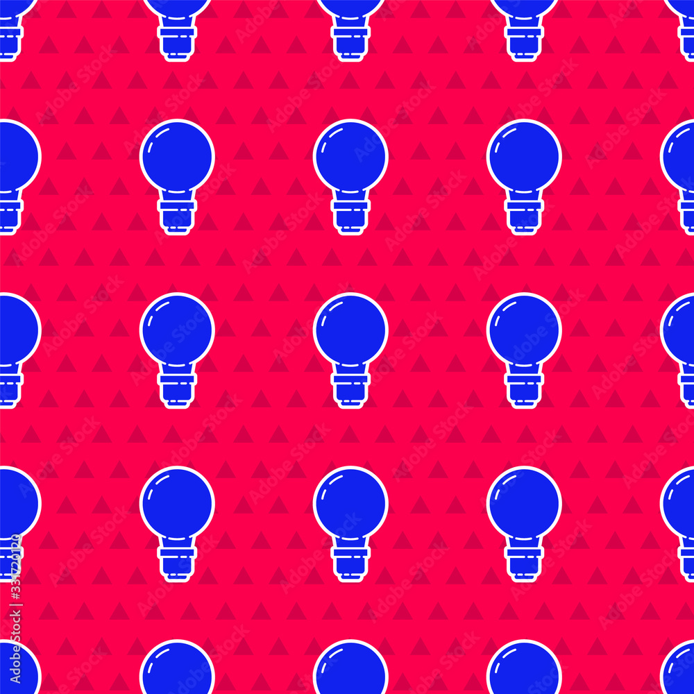 Blue Light bulb with concept of idea icon isolated seamless pattern on red background. Energy and id