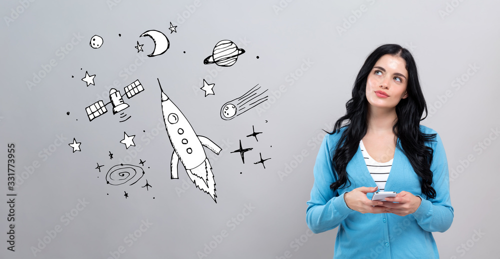 Dream of space and rocket with thoughtful young woman holding a smartphone