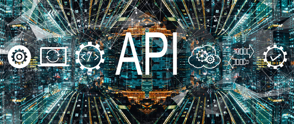 API - application programming interface concept with abstract Tokyo night cityscape