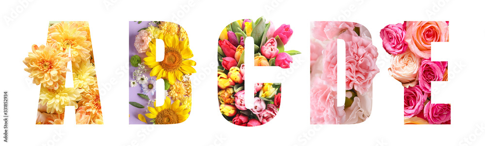 English letters with beautiful flowers on white background