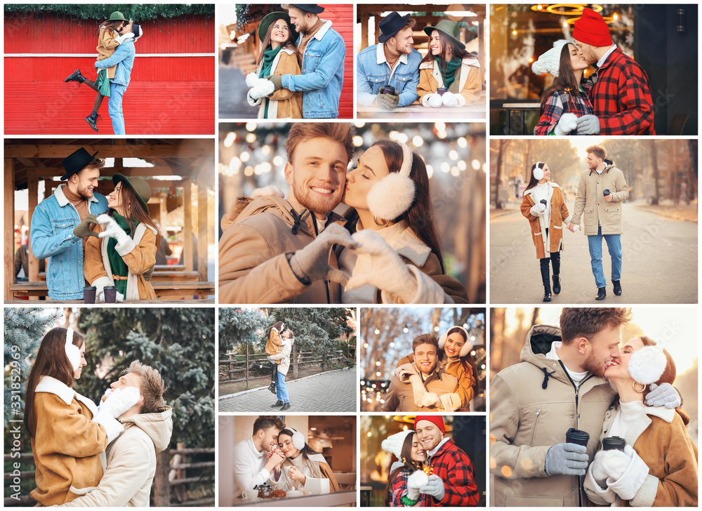 Collage of photos with happy young couple outdoors on winter day