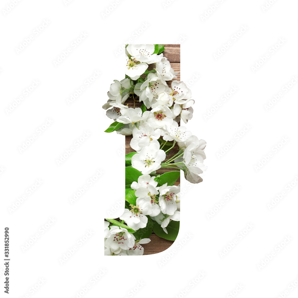 Letter J made of beautiful flowers on white background