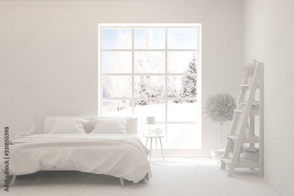 Modern bedroom in white color. Scandinavian interior design. 3D illustration