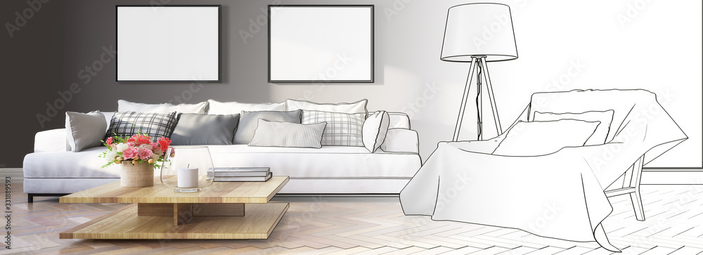 Panorama of cute living room interior with template frames (sketch) - 3d illustration